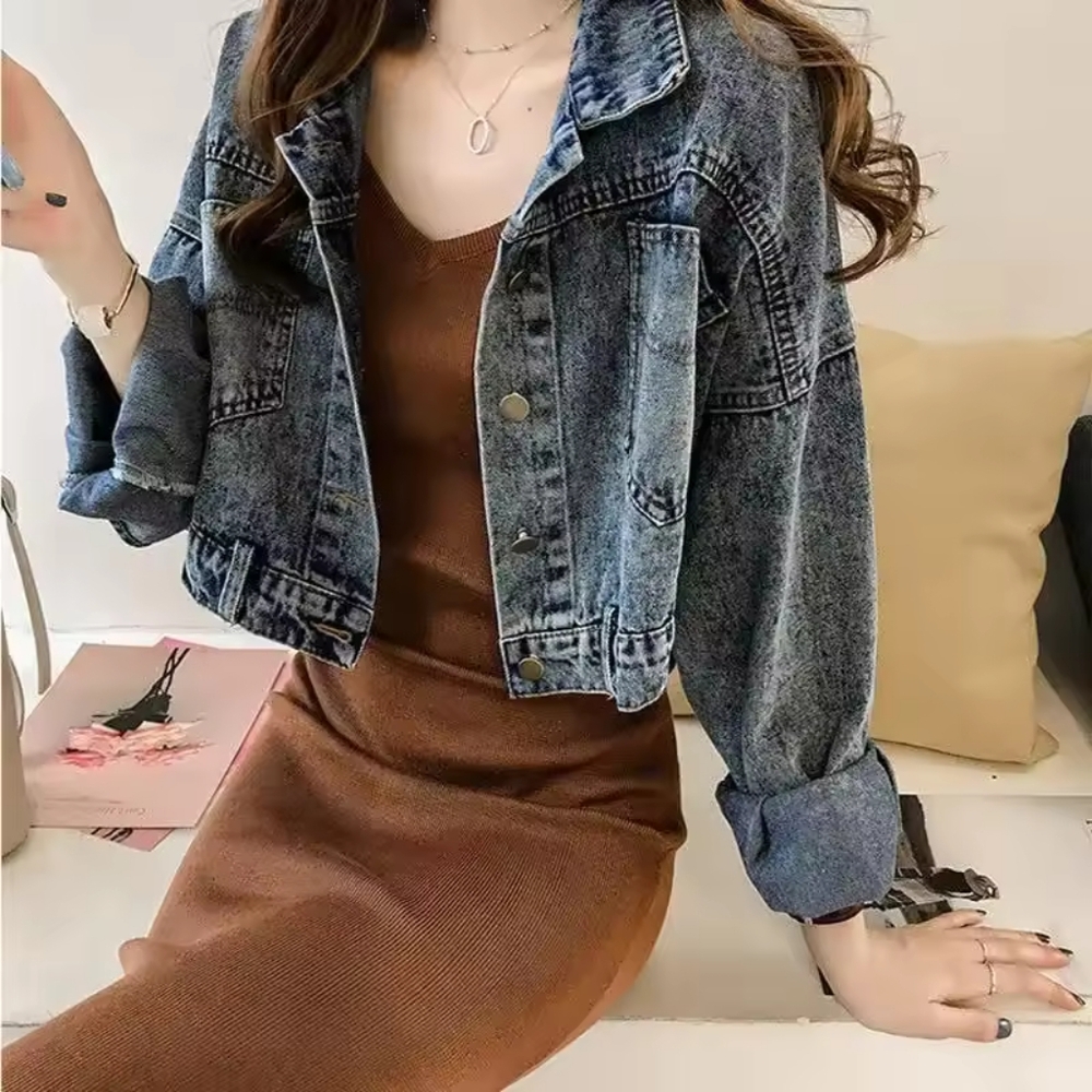 Vintage Reversible Cropped Denim Jacket with Back Button Detail Size L - Picture 3 of 7